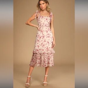 NWT Never Worn Lulus Terrace Views Taupe Floral Print Tiered Midi Dress